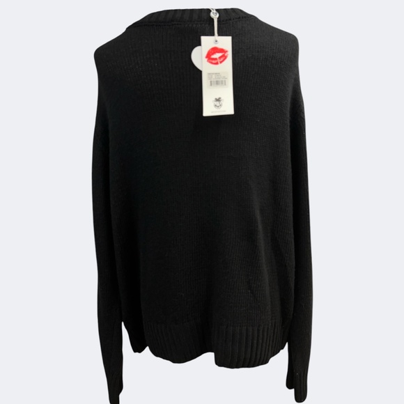 Wildfox Sweater L Black Relaxed Fit Crewneck Pull Over Chain Fringe Wool Blend - Picture 2 of 12